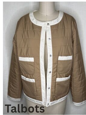 Talbots Quilted Jacket Small Tan White Snap Lightweight Coat NWT